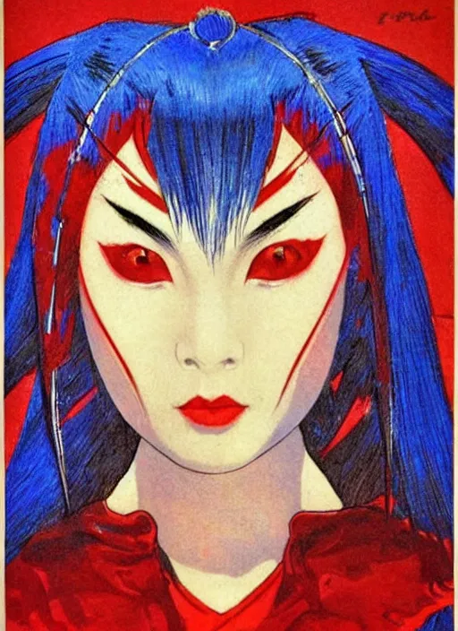 Image similar to portrait of muscular korean vampiress, jeweled veil, blue and red, strong line, saturated color, beautiful! coherent! by frank frazetta, high contrast, minimalism