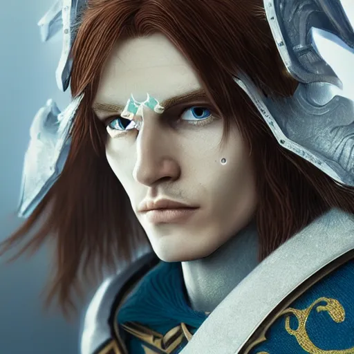 Image similar to a highly detailed portrait male elf, with white long hair, white clothes, bright blue eyes, artstation, DeviantArt, professional, octane render