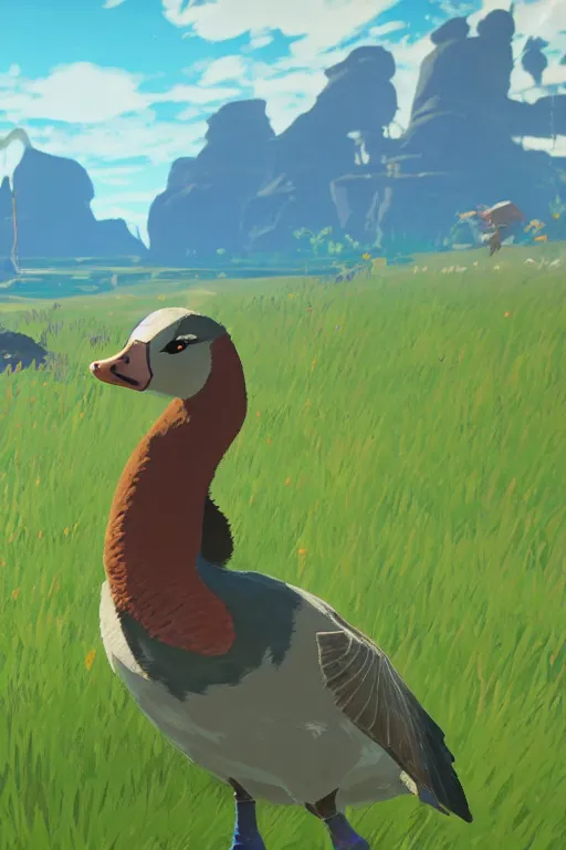 Prompt: in game footage of a goose from the legend of zelda breath of the wild, breath of the wild art style.