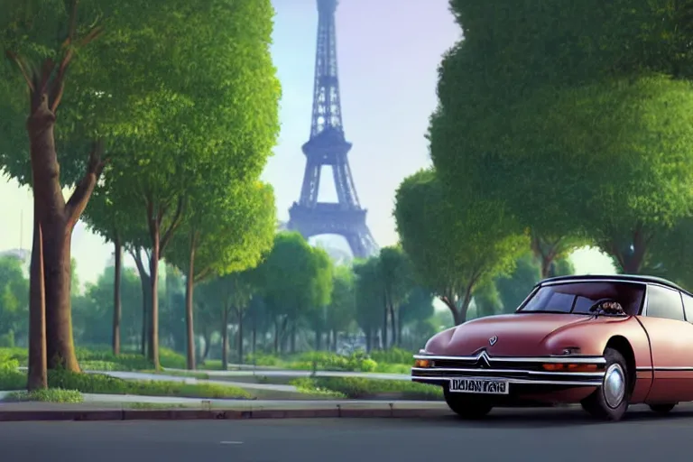 Image similar to a wholesome animation key shot of!! one!! focused! 1 9 7 4 citroen ds! in a tree lined paris street, view of eiffel tower, medium shot, studio ghibli, pixar and disney animation, sharp, very detailed, high resolution, rendered in unreal engine 5, anime key art by greg rutkowski, bloom, dramatic lighting