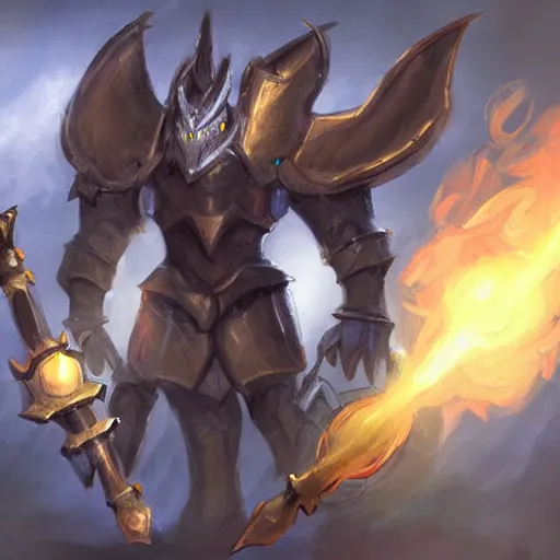 Image similar to a concept art of a strong antropomorphic dragon paladin knight with his shiny armature and a big war hammer. orb light