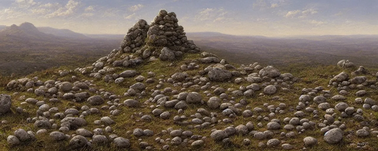 Prompt: a high hill landscape with a circle of large stones in the shape of fingers on the top, by ted nasmith