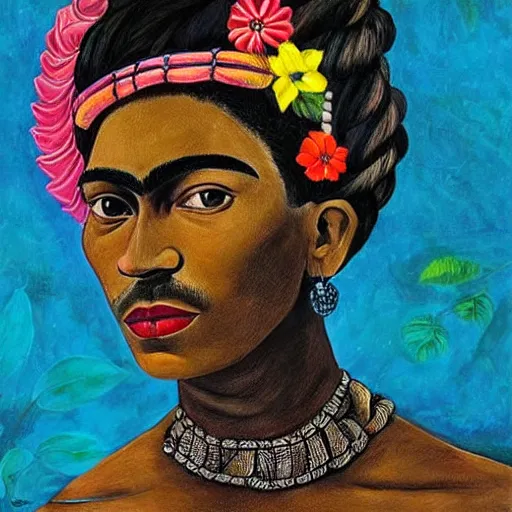 Prompt: portrait of a dark-skinned beautiful woman under the night sky, earthship, Frida Kahlo painting, incredible detail