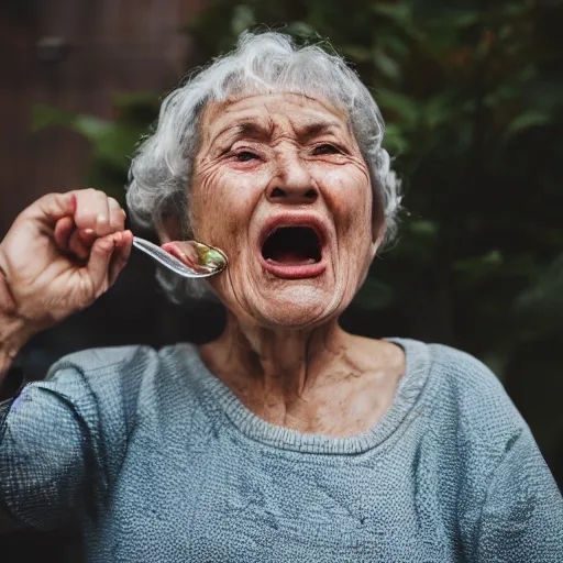 Image similar to elderly woman screaming at soup, canon eos r 3, f / 1. 4, iso 2 0 0, 1 / 1 6 0 s, 8 k, raw, unedited, symmetrical balance, wide angle