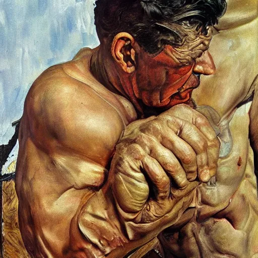 Image similar to high quality high detail painting by lucian freud and frank frazetta, hd, powerful man