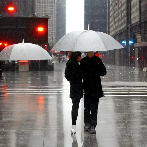 Prompt: rainy day on the miracle mile in chicago, view of the sidewalk ( on the right ) with the street and buildings on the left, all is grey and rainy, and the street is shiny. a well - dressed couple with an umbrella are hurrying towards the viewer.