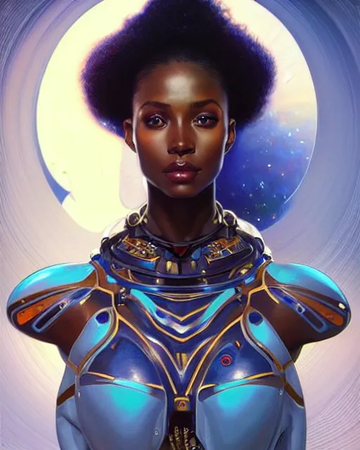 Image similar to Portrait of very very very very very very beautiful african woman, spacesuit, futuristic cybernetic helmet, blue eyes, real life skin, intricate, elegant, highly detailed, artstation, concept art, smooth, sharp focus, art by artgerm and greg rutkowski and alphonse mucha