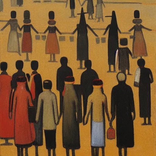 Prompt: painting of egyptian commuters heading to the central business district of cairo, painted by laurence stephen lowry, oil on canvas, national gallery