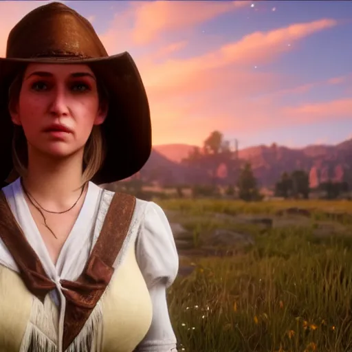 Prompt: Film still of Gwynever Princess of Sunlight, from Red Dead Redemption 2 (2018 video game)