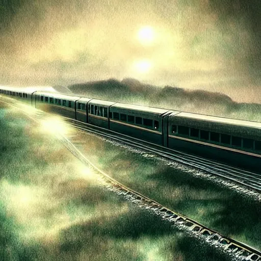 Prompt: a train filled with ethereal spirits travelling to the after life impressive scene. grainy and rough. soft colour scheme. beautiful artistic detailed digital art