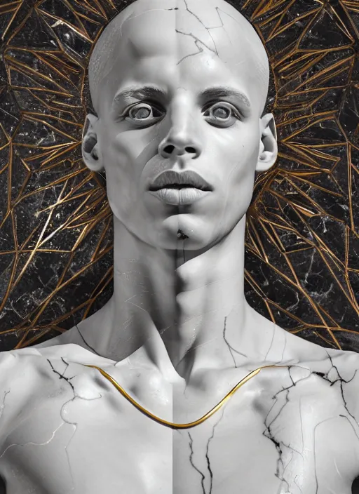 Image similar to a statue made of white marble with gold veins, of steph curry with water, transhumanism, full body shot, perfect symmetrical body, perfect symmetrical face, hyper realistic, hyper detailed, by johannen voss, by peter kemp, by monia merlo, by michelangelo, octane render, blender, 8 k