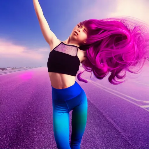 Image similar to a award winning half body shot of a beautiful woman in a croptop and leggings with a ombre purple pink teal hairstyle with head in motion and hair flying, outrun, vaporware, highly detailed, fine detail, intricate