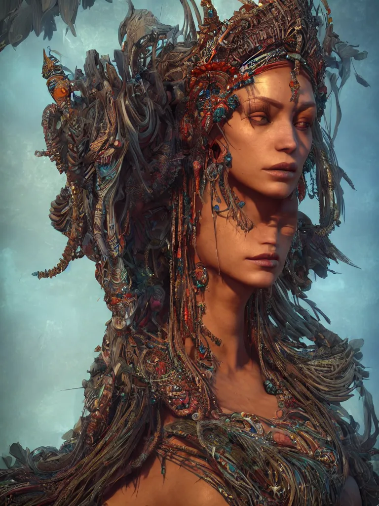 Image similar to a centered render of an alluring tribal goddess, full body, gorgeous face, perfect face, powerful, by android jones, by ellen jewett 3 d, trending on artstation, octane render, 8 k