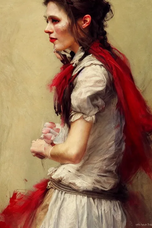 Image similar to Solomon Joseph Solomon and Richard Schmid and Jeremy Lipking victorian genre painting full length portrait painting of a young beautiful woman traditional german french actress model pirate wench in fantasy costume, red background