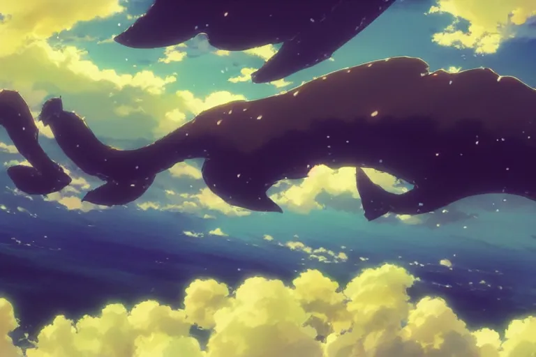 Prompt: painting of a dreamy cloudscape, a flying leviathan in the foreground, exterior wide shot, otherworldly and ethereal by kazuo oga in the anime film by studio ghibli, screenshot from the anime film by makoto shinkai