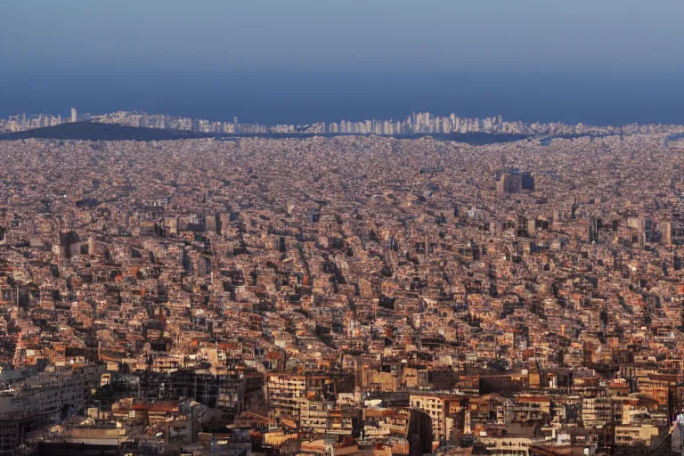 Image similar to views of catastrophic barcelona covered with water and refugees in buildings, global warming, sunset lighting, photo real