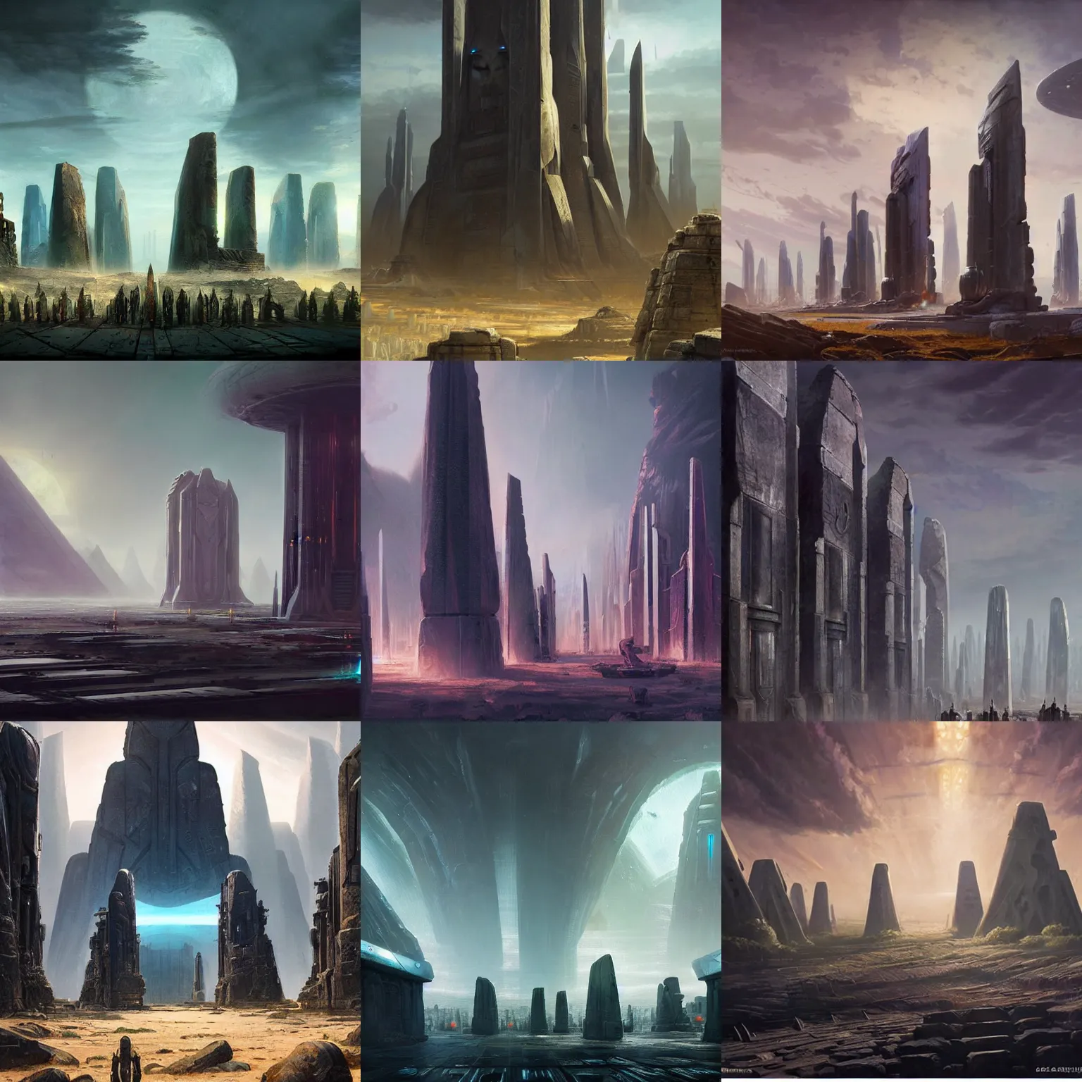 Image similar to pulp fantasy concept art painting of an alien civilisation, sacred monoliths, futuristic, technocracy, toxic, shrines, by greg rutkowski and james gurney