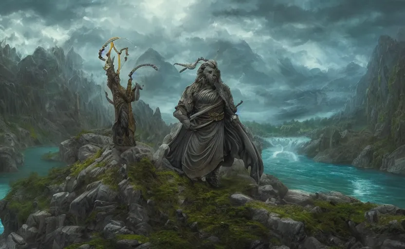 Image similar to A large statue of a wizard guarding a river valley, landscape art, concept art, intense, fantasy, inspiring