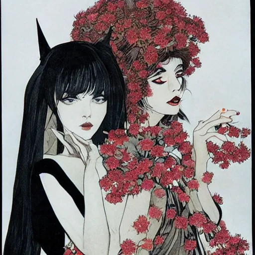 Image similar to symmetrical pretty elegant brigitte bardot as a vampire with friend, very detailed style of takato yamamoto lots of flowers