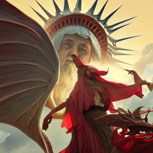 Image similar to An elderly orthodox patriarch as a Lady Liberty riding the red dragon of china, highly detailed, digital painting, artstation, concept art, smooth, sharp focus, illustration, art by artgerm and greg rutkowski and alphonse mucha