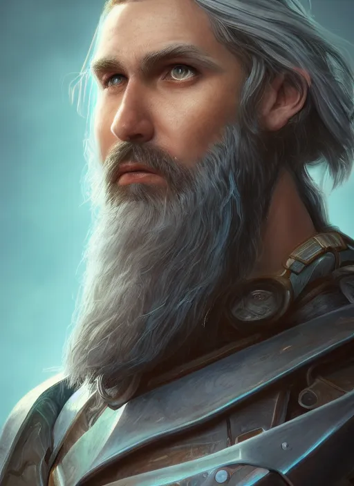 Image similar to an epic fantastic realism comic book style portrait painting of an aasimar paladin, male, shaggy silver hair, short brown beard, steve argyle, d & d concept art, unreal 5, daz, teal aesthetic, octane render, cosplay, rpg portrait, dynamic lighting