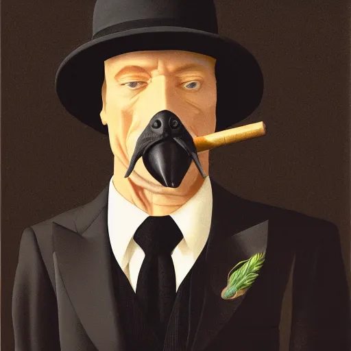 Image similar to a portrait of a platypus wearing a black suit, smoking a cigar, gorgeous, intricate, elegant, volumetric lighting, scenery, high detail digital art, smooth, rene magritte, illustration, concept art