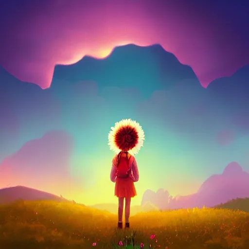 Image similar to giant daisy flower head, girl hiking in the mountains, surreal photography, sunrise, dramatic light, impressionist painting, colorful clouds, digital painting, artstation, simon stalenhag