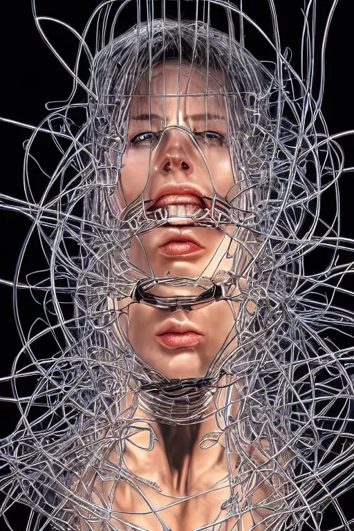 Image similar to portrait of a organic cyborg wrapped in barb wire by Hajime Sorayama and Jamie Coreth, trending on artstation, centered, symmetrical, rim lighting, electric hair, bilateral symmetry, 80s poster, polished, thick smoke, retro dark vintage sci-fi, 2D matte illustration