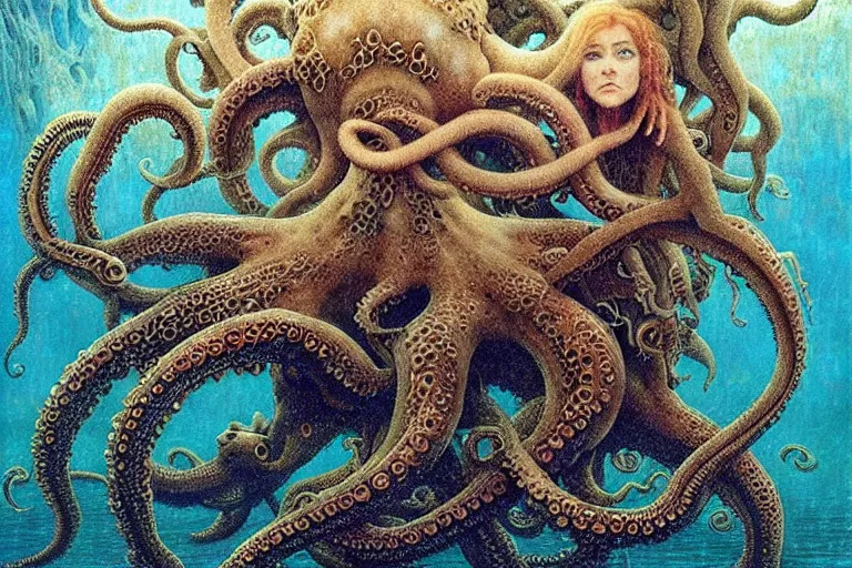 Prompt: cute young alyson hannigan with short hairs in lovecraftian underwater realm fights with octopus by jean delville by luis royo and wayne barlowe, beksinski