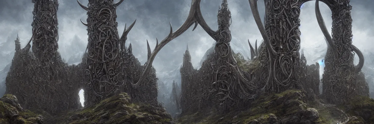 Prompt: nordic celtic alien eyeball tentacle skull antler castle in the mountains, pointy architecture, massive gates, tower keep, ironwork, detailed infrastructure by greg rutkowski and rodney matthews, artstation, perfect horizontal symmetry, extremely hyperdetailed, uhd