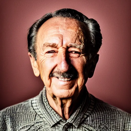 Image similar to old walt disney at age of 5 8 6 years old, color ( sony a 7 r iv, symmetric balance, polarizing filter, photolab, lightroom, 4 k, dolby vision, photography award ), vogue, perfect face, movie poster