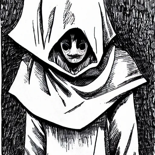 Image similar to hooded man with masked face, junji ito,