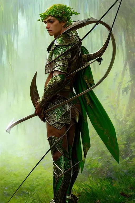 Image similar to male elven Archer armor made of green leaves, fantasy, amber eyes, face, long hair, intricate, elegant, highly detailed, digital painting, artstation, concept art, smooth, sharp focus, illustration, art by artgerm and greg rutkowski and alphonse mucha