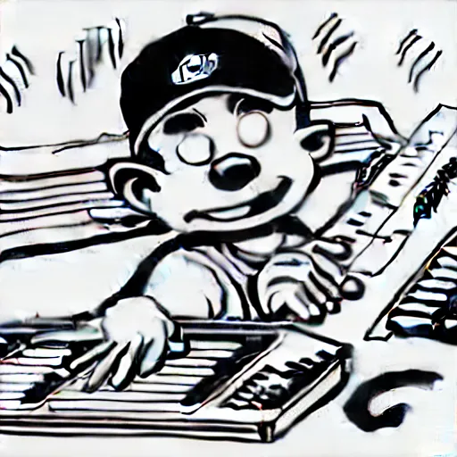 Prompt: cartoon line drawing illustration, in fine detail, of a kid wearing a baseball cap, playing a Korg MS-20 synthesizer, in the style of The Beano, sharpie, black and white, long shot, white background, marker pen, graffiti character, 90s cartoon, Dennis the menace, Calvin and hobbies