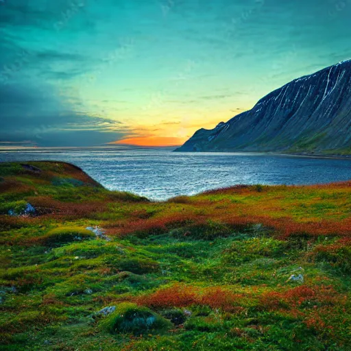 Image similar to overgrown norwegian village at the coast, sunset, arctic, beautiful, impressionist art