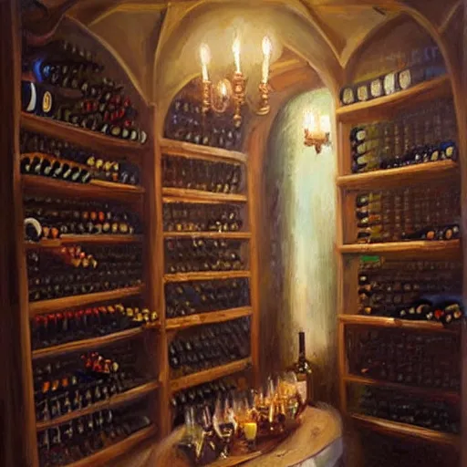 Image similar to wine cellar full of food, torches on the wall, romantic, inviting, cozy, Christian Weston Chandler (Chris Chan), painting Vladimir Volegov