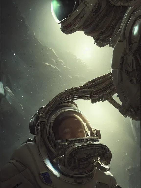 Prompt: portrait of an astronaut from alien isolation, art by ryo shiotani and greg rutkowski, intricate, beautiful, cute, cinematic lighting, vintage art by serge ivanoff, high resolution, very detailed