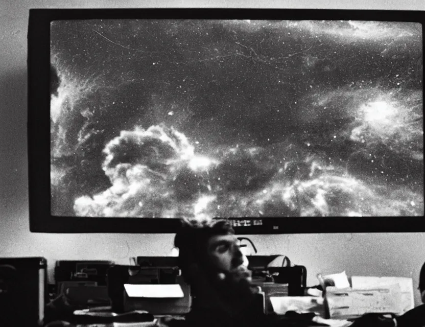 Image similar to a high resolution photo of a sad man in a messy office room watching the collapse of the entire universe live stream on a vintage computer screen, storm, fire, earthquake, debris,