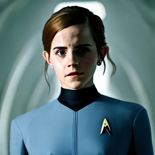 Image similar to Emma Watson in Star Trek, XF IQ4, f/1.4, ISO 200, 1/160s, 8K, Sense of Depth, color and contrast corrected, unedited, RAW, Dolby Vision, symmetrical balance, in-frame