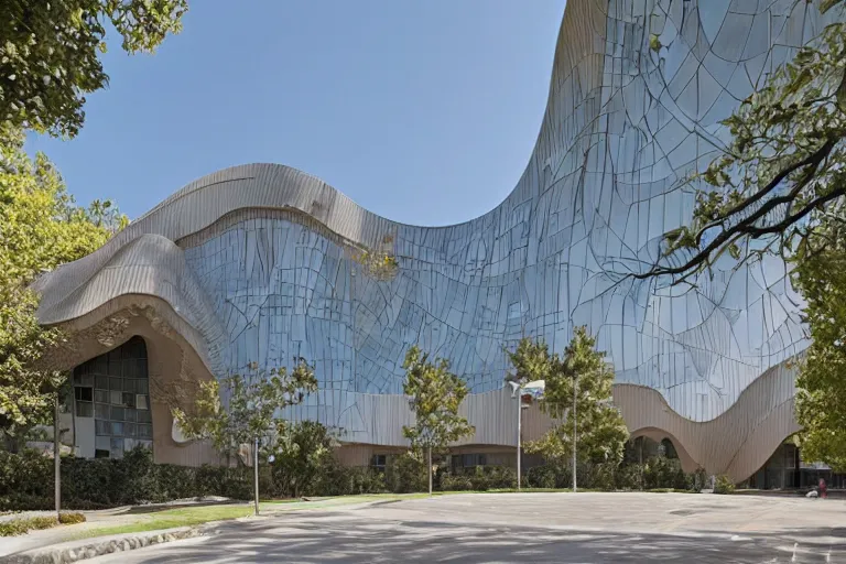 Prompt: a suburban office headquarters designed by gaudi