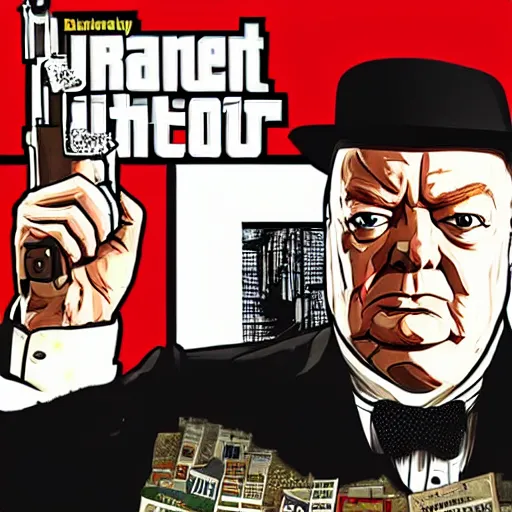 Image similar to winston churchill in gta v, cover art by stephen bliss, boxart, loadscreen