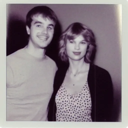 Prompt: found polaroid of my parents who look exactly like Taylor Swift and Kermit the frog