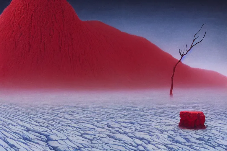 Image similar to surreal frozen landscape, painting by beeple and zdzisław beksinski, red color scheme, a matte painting by li shida, cgsociety, context art, redshift, matte painting, reimagined by industrial light and magic