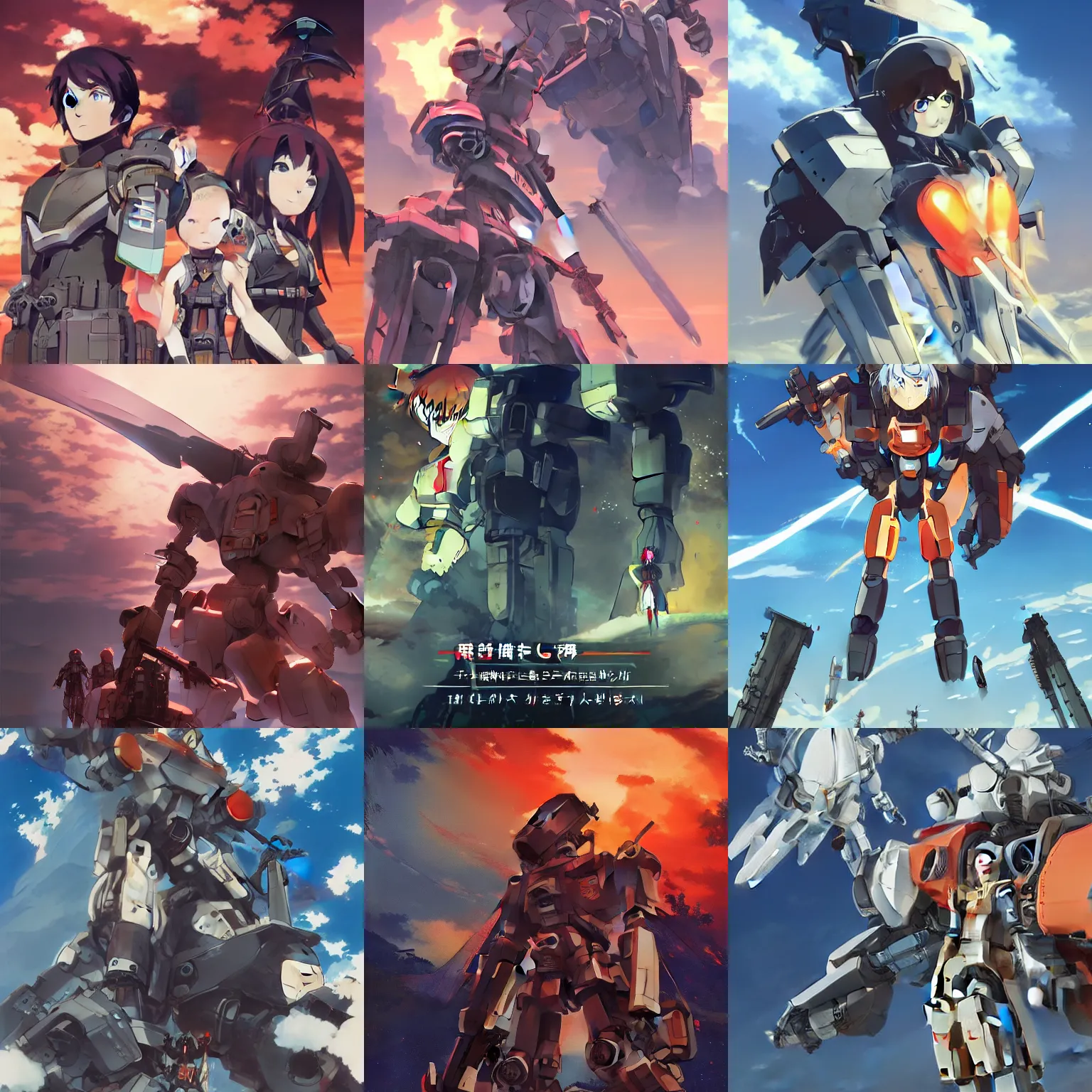 Prompt: Original mecha anime titled Kyoukai Senki by Makoto Shinkai, character design by Ilya Kuvshinov and Greg Rutkowski, announced for summer 2022 season, Key Visual, PV, dramatic wide angle shot of the wasteland, orange mecha robot, and a girl pilot in the foreground