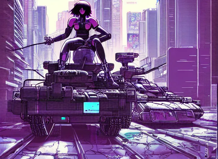 Image similar to motoko kusanagi riding a spider - tank in a grungy cyberpunk megacity, intricate and finely detailed, cyberpunk vaporwave, by phil jimenez, ilya kuvshinov