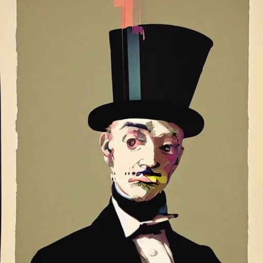 Prompt: colorful lithograph of a fragmented portrait of a man wearing a top hat blending into an excel spreadsheet