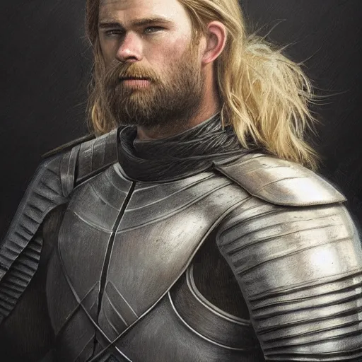 Prompt: a portrait of a medieval knight with a short beard and short blonde hair drawn in the style of greg rutkowski, face of chris hemsworth, trending on artstation, realistic, detailed