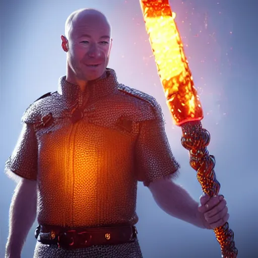 Prompt: Alan Shearer wearing chainmail tunic holding a glowing fire magical staff. Trending on Artstation, octane render, ultra detailed, art by Ross tran