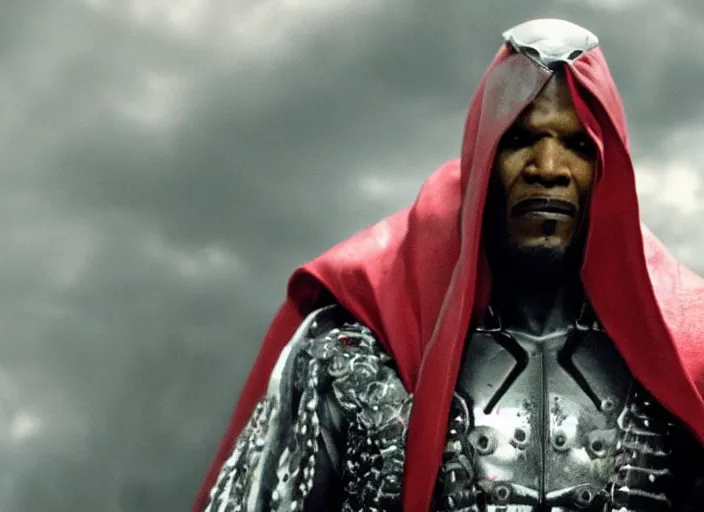 Image similar to film still of jamie foxx as spawn in the new spawn movie, giant chains, large cape, 8 k