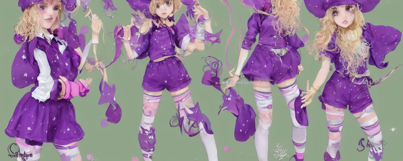 Prompt: A character sheet of a cute magical girl with short blond hair and freckles wearing an oversized purple Beret, Purple overall shorts, Short Puffy pants made of silk, pointy jester shoes, a big scarf, and white leggings. Rainbow accessories all over. Covered in stars. Short Hair. By Seb McKinnon. By WLOP. By Artgerm. By william-adolphe bouguereau. By Anna Dittmann. By Tiago hoisel. Fashion Photography. Decora Fashion. harajuku street fashion. Kawaii Design. Intricate. Highly Detailed. Digital Art. Fantasy. CGSociety. Sunlit. 4K. UHD. HyperMaximalist. Denoise. Hyper realistic.